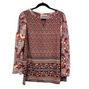 Figueroa & Flower Tunic Blouse‎ Floral Keyhole Neck Flare Sleeves Orange Women L